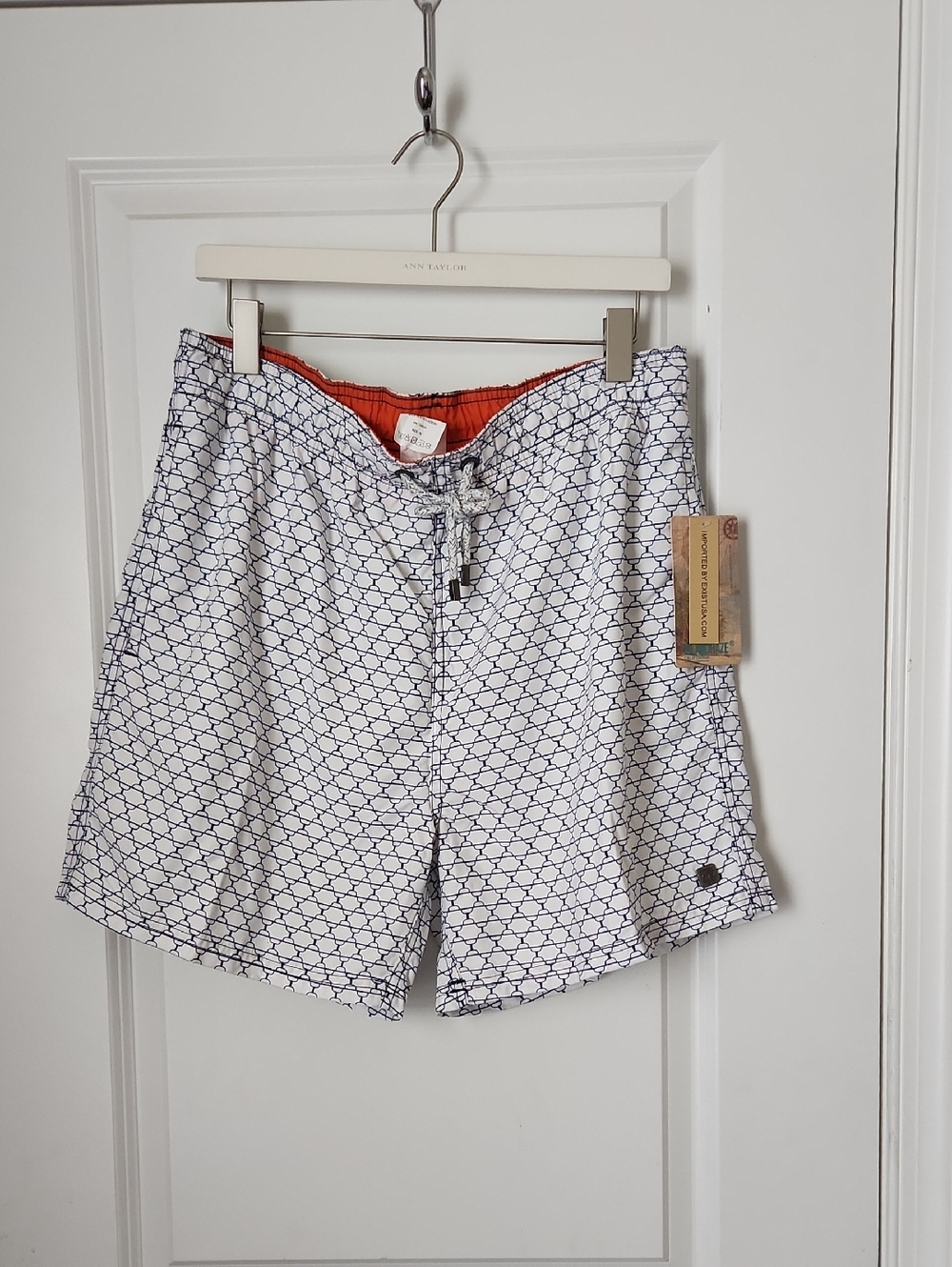 Islandhaze White & Navy Geometric Hybrid Shorts with Orange Liner